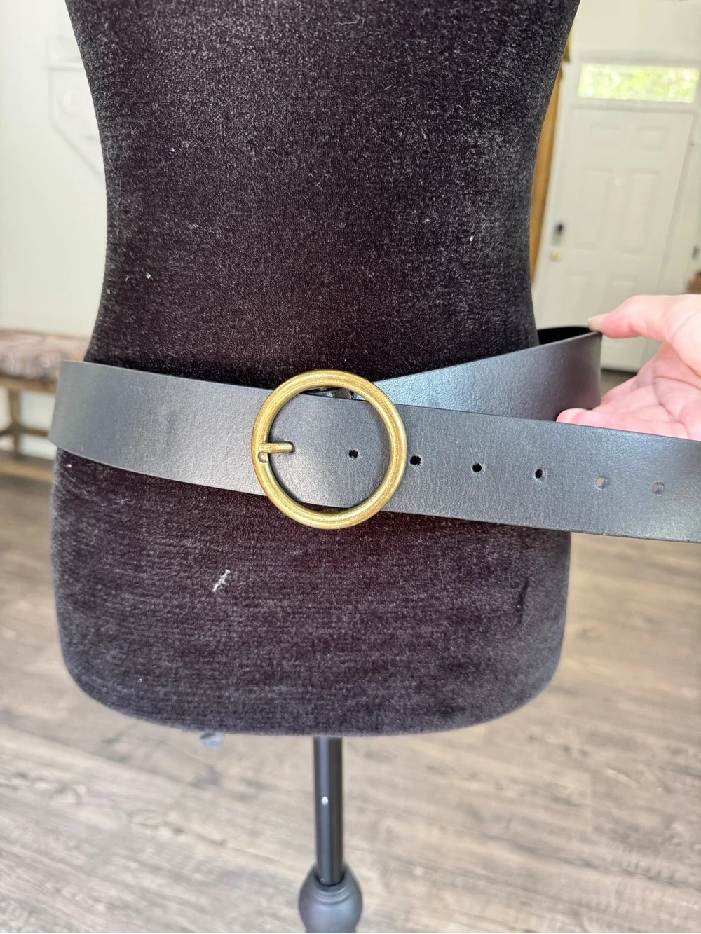 Black Leather Wife Belt with Gold Round Buckle - Women Accessories